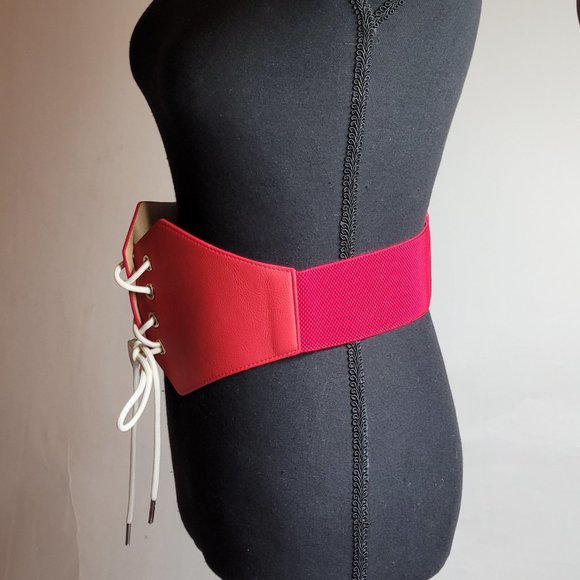 Women's LCF Steampunk Red and White Lace-up Elastic Waistband Corset Belt - Picture 7 of 17